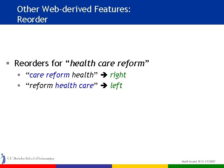 Other Web-derived Features: Reorder § Reorders for “health care reform” § “care reform health”