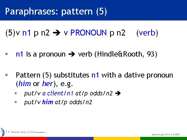 Paraphrases: pattern (5) v n 1 p n 2 v PRONOUN p n 2