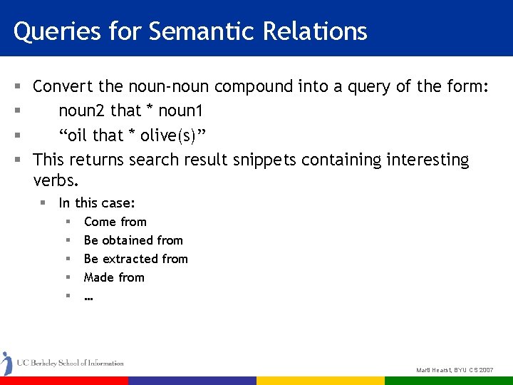 Queries for Semantic Relations § Convert the noun-noun compound into a query of the