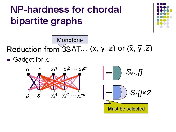 NP-hardness for chordal bipartite graphs Monotone Reduction from 3 SAT… (x, y, z) or