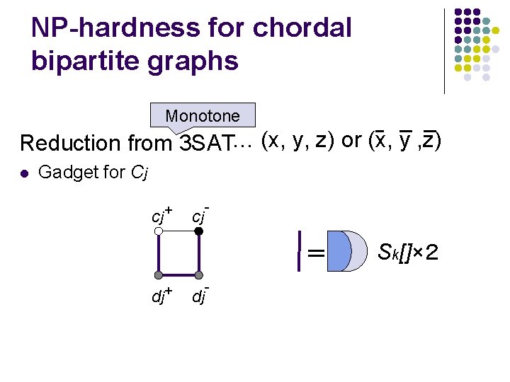 NP-hardness for chordal bipartite graphs Monotone Reduction from 3 SAT… (x, y, z) or