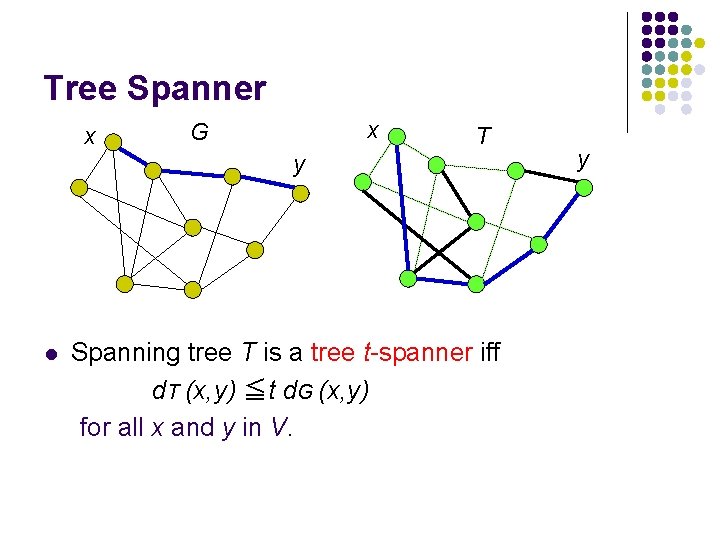 Tree Spanner x x G T y l Spanning tree T is a tree