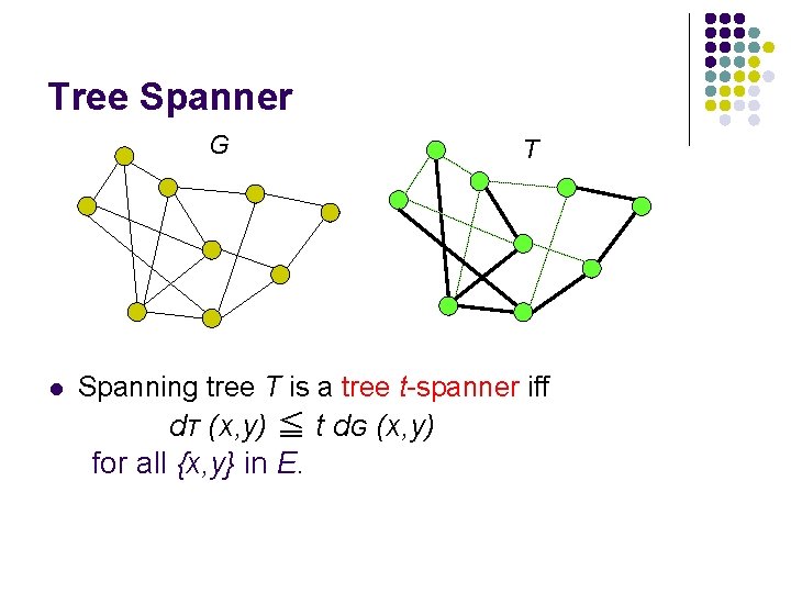 Tree Spanner G l T Spanning tree T is a tree t-spanner iff d.