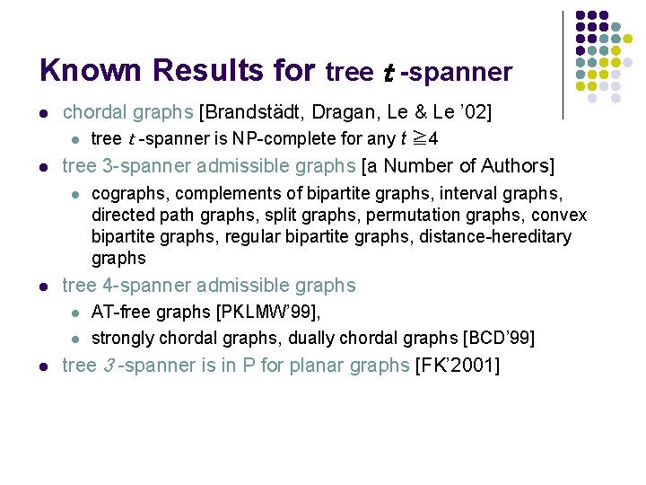 Known Results for tree t -spanner l l chordal graphs [Brandstädt, Dragan, Le &