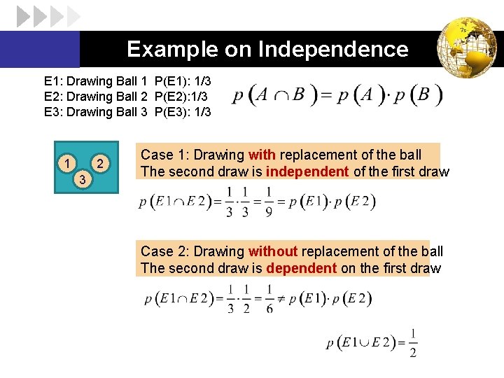 Example on Independence E 1: Drawing Ball 1 P(E 1): 1/3 E 2: Drawing