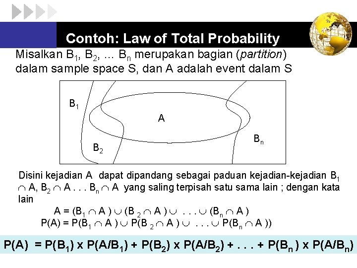 Contoh: Law of Total Probability Misalkan B 1, B 2, … Bn merupakan bagian