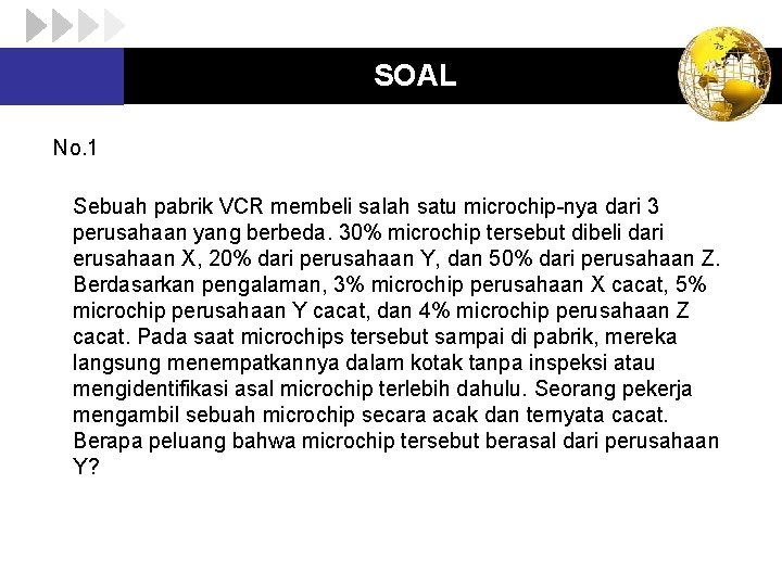 SOAL No. 1 Sebuah pabrik VCR membeli salah satu microchip-nya dari 3 perusahaan yang