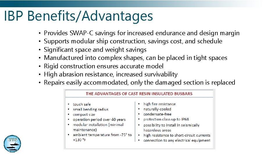 IBP Benefits/Advantages • • Provides SWAP-C savings for increased endurance and design margin Supports
