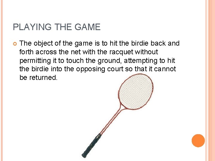 PLAYING THE GAME The object of the game is to hit the birdie back