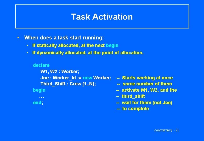 Task Activation • When does a task start running: • If statically allocated, at