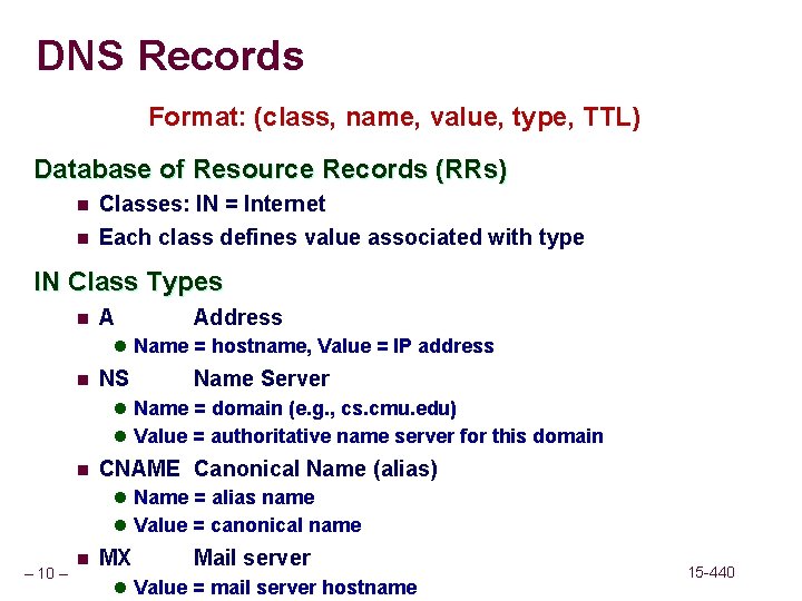 DNS Records Format: (class, name, value, type, TTL) Database of Resource Records (RRs) n