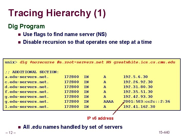 Tracing Hierarchy (1) Dig Program n Use flags to find name server (NS) n