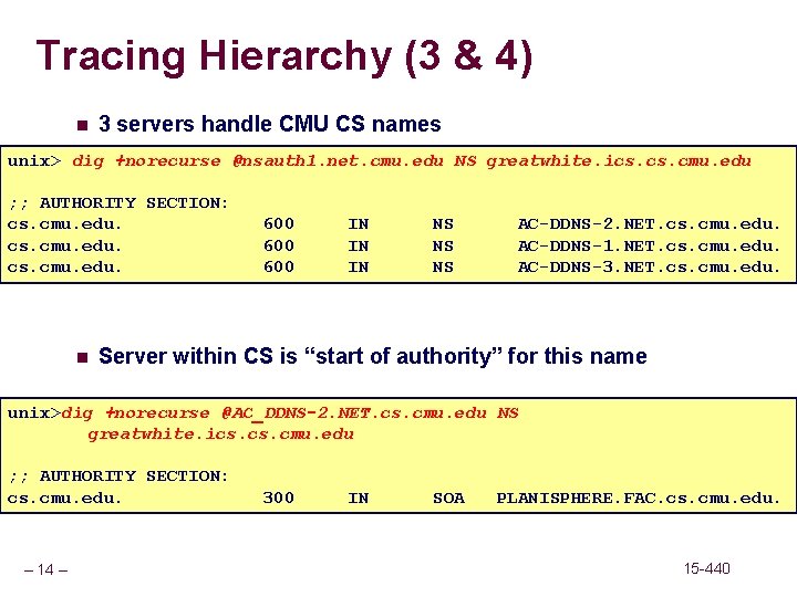 Tracing Hierarchy (3 & 4) n 3 servers handle CMU CS names unix> dig