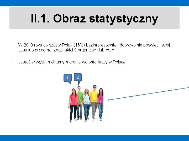 II. 1. Obraz statystyczny • W 2010 roku co szósty Polak (16%) bezinteresownie i