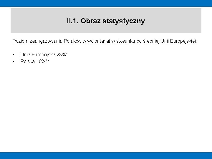 II. 1. Obraz statystyczny Poziom zaangażowania Polaków w wolontariat w stosunku do średniej Unii