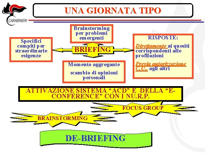 UNA GIORNATA TIPO Specifici compiti per straordinarie esigenze Brainstorming per problemi emergenti RISPOSTE: Direttamente