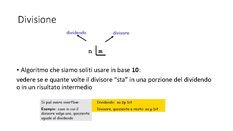 Divisione • Algoritmo che siamo soliti usare in base 10: vedere se e quante Divisione • Algoritmo che siamo soliti usare in base 10: vedere se e quante