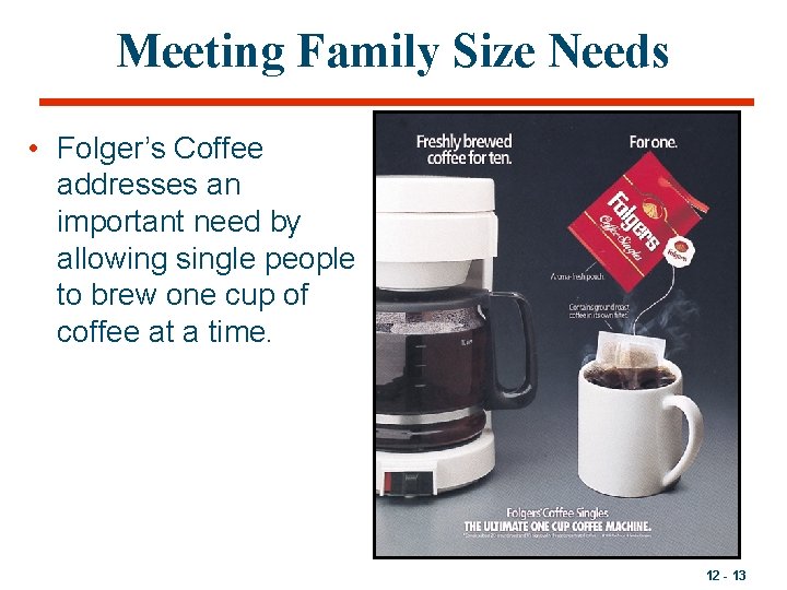 Meeting Family Size Needs • Folger’s Coffee addresses an important need by allowing single