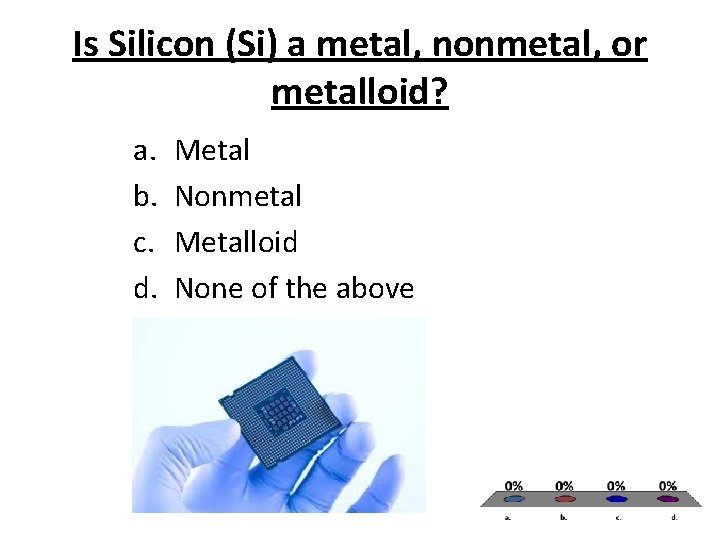 Is Silicon (Si) a metal, nonmetal, or metalloid? a. b. c. d. Metal Nonmetal