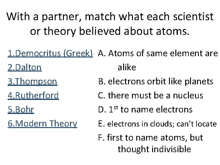 With a partner, match what each scientist or theory believed about atoms. 1. Democritus