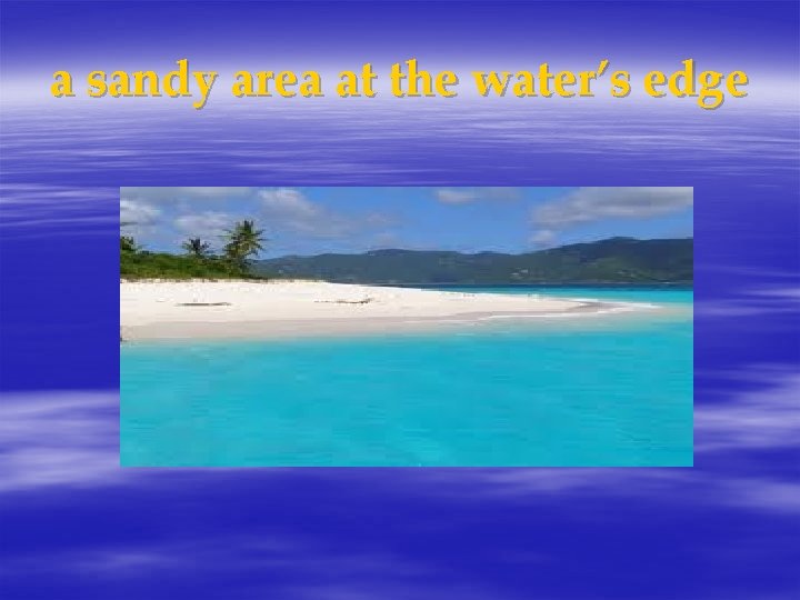 a sandy area at the water’s edge 