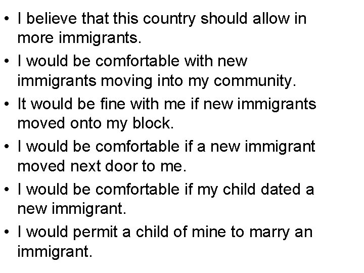  • I believe that this country should allow in more immigrants. • I