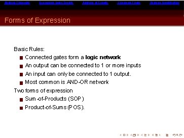 Boolean Theorems Expressing Logic Circuits Analysis of Circuits Canonical Forms of Expression Basic Rules: