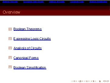 Boolean Theorems Expressing Logic Circuits Analysis of Circuits Overview 1 Boolean Theorems 2 Expressing Boolean Theorems Expressing Logic Circuits Analysis of Circuits Overview 1 Boolean Theorems 2 Expressing