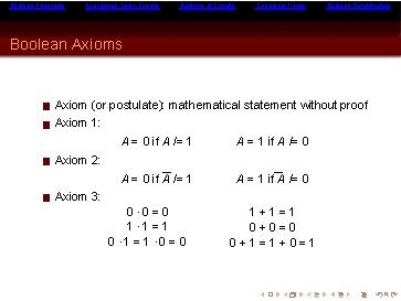 Boolean Theorems Expressing Logic Circuits Analysis of Circuits Canonical Forms Boolean Simplification Boolean Axioms