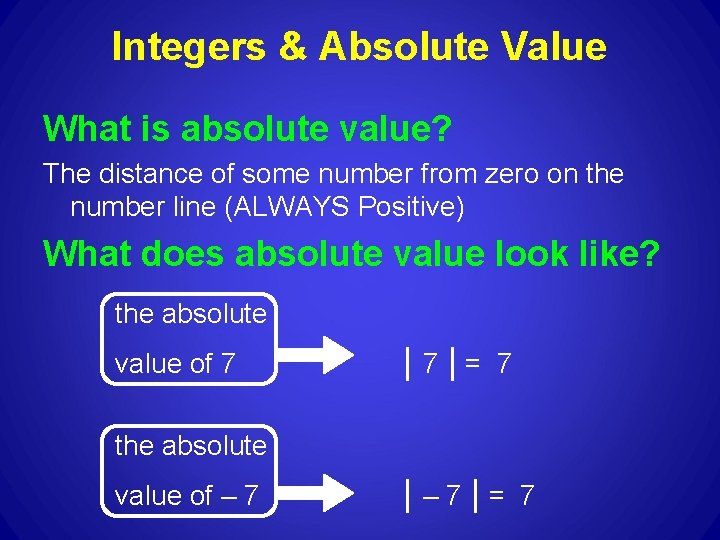 Integers & Absolute Value What is absolute value? The distance of some number from