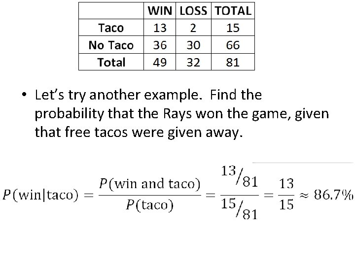  • Let’s try another example. Find the probability that the Rays won the