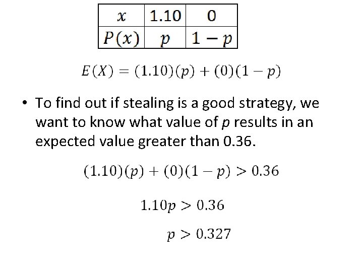  • To find out if stealing is a good strategy, we want to
