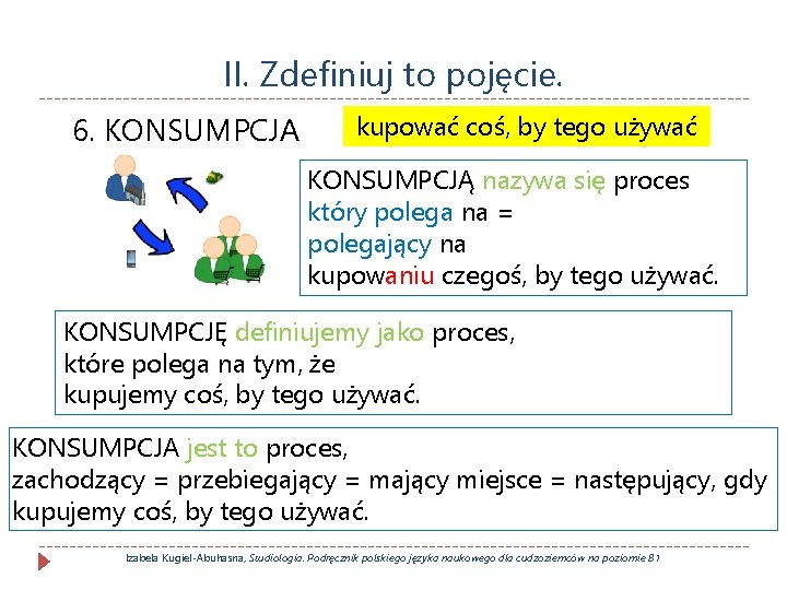 II. Zdefiniuj to pojęcie. 6. KONSUMPCJA kupować coś, by tego używać KONSUMPCJĄ nazywa się