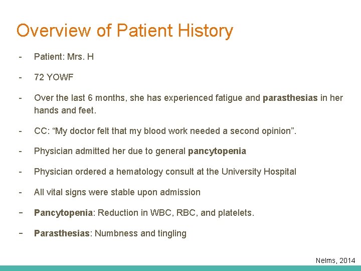 Overview of Patient History - Patient: Mrs. H - 72 YOWF - Over the