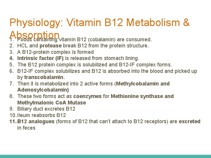 Physiology: Vitamin B 12 Metabolism & Absorption 1. Foods containing vitamin B 12 (cobalamin)