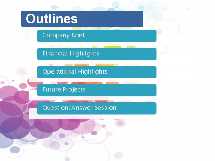 Outlines Company Brief Financial Highlights Operational Highlights Future Projects Question/Answer Session 