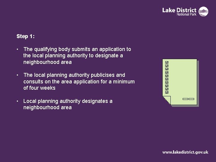 Step 1: • The qualifying body submits an application to the local planning authority