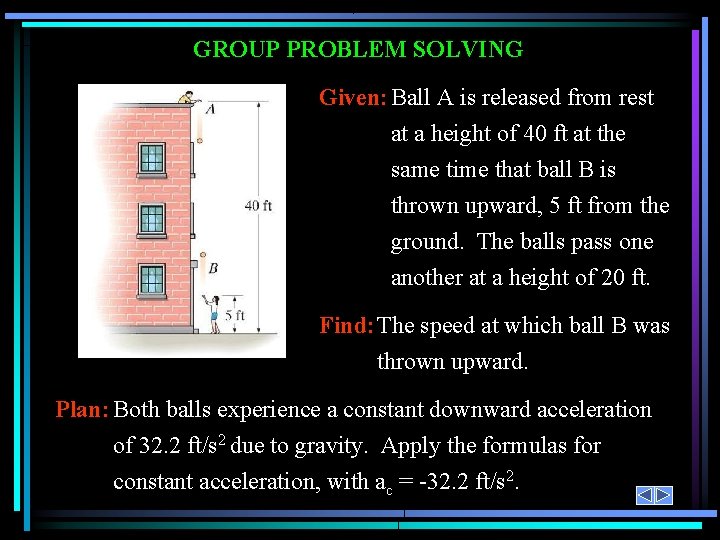 GROUP PROBLEM SOLVING Given: Ball A is released from rest at a height of