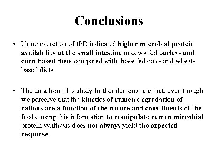Conclusions • Urine excretion of t. PD indicated higher microbial protein availability at the