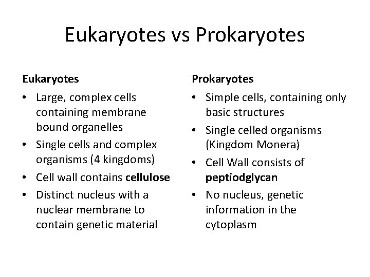 Eukaryotes vs Prokaryotes Eukaryotes Prokaryotes • Large, complex cells containing membrane bound organelles •