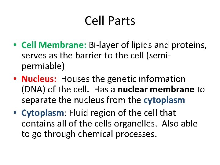 Cell Parts • Cell Membrane: Bi-layer of lipids and proteins, serves as the barrier