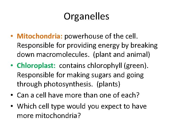 Organelles • Mitochondria: powerhouse of the cell. Responsible for providing energy by breaking down