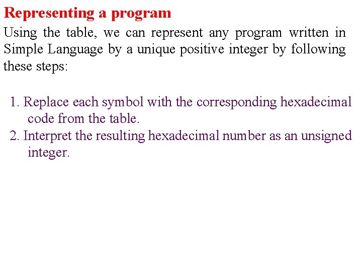 Representing a program Using the table, we can represent any program written in Simple
