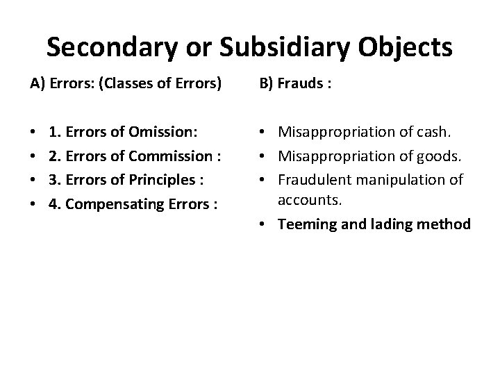 Secondary or Subsidiary Objects A) Errors: (Classes of Errors) • • 1. Errors of