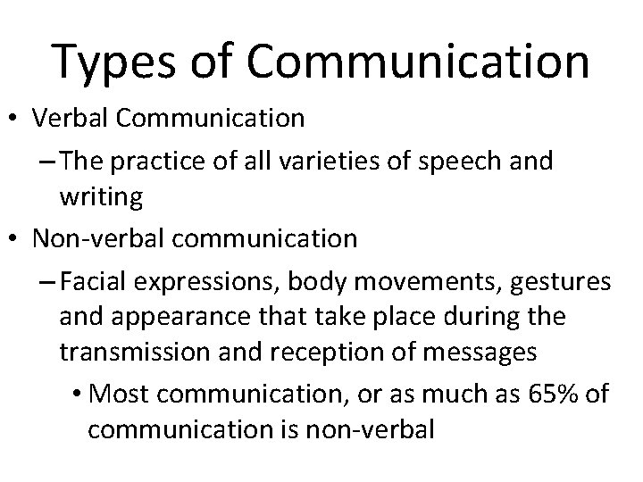 Types of Communication • Verbal Communication – The practice of all varieties of speech