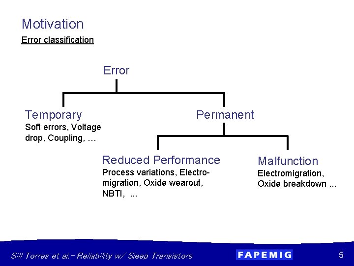 Motivation Error classification Error Permanent Temporary Soft errors, Voltage drop, Coupling, … Reduced Performance
