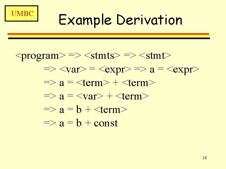 UMBC Example Derivation <program> => <stmts> => <stmt> => <var> = <expr> => a