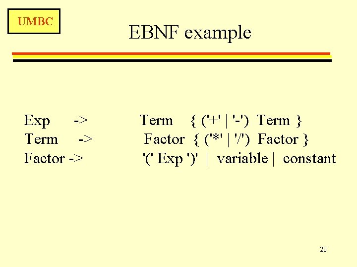 UMBC Exp -> Term -> Factor -> EBNF example Term { ('+' | '-')