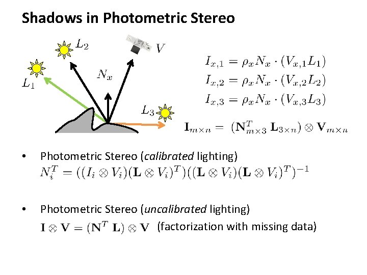 Shadows in Photometric Stereo • Photometric Stereo (calibrated lighting) • Photometric Stereo (uncalibrated lighting)