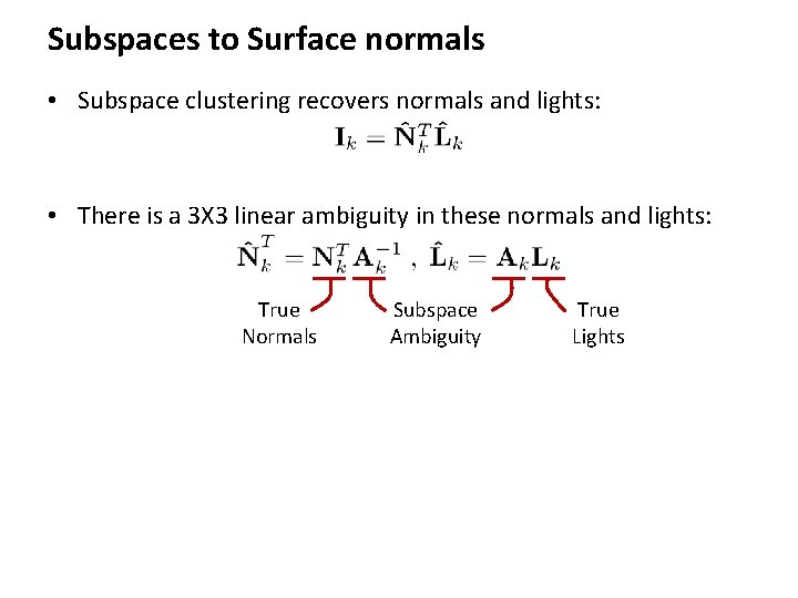 Subspaces to Surface normals • Subspace clustering recovers normals and lights: • There is
